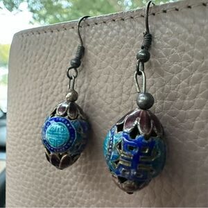 Vintage Chinese Canton Enamel Blue Cloisonne Dangle Bead Earrings, Handmade